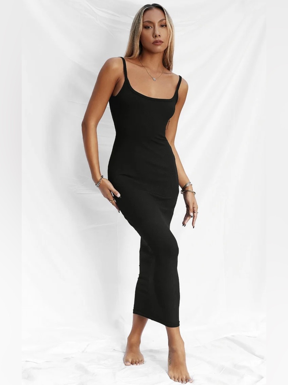 All Things Golden The Luxe Rib Low Back Midi Dress Black Size Medium NWT